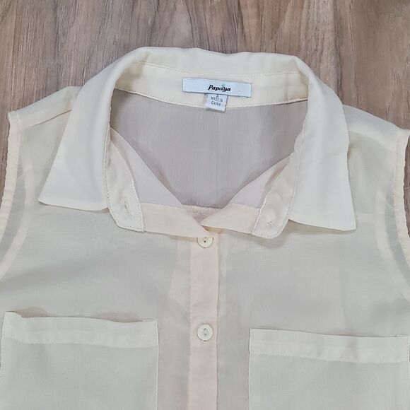 🔺️Papaya Yellow & Coral Ombre Sleeveless Buttoned Blouse Small - Picture 3 of 11